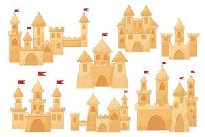 A large set of illustrations of sand castles on a transparent background. Rest, beach, sand castle. vector