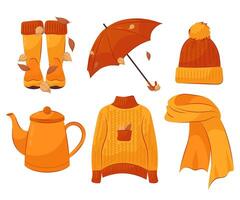 Set of cozy autumn illustrations on a white background. Autumn warm knitted clothes in flat style. vector