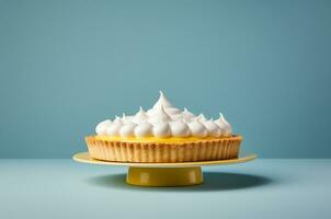 Lemon tart on a stand on a blue background. Generative AI photo