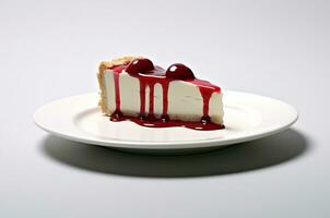 Cheesecake with cherries and berry syrup. Generative AI photo