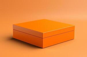 Orange box mockup. Box with lid view from angle on orange background. Generative AI photo