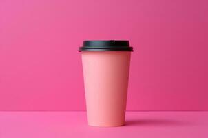 Mockup of a pink to-go coffee glass with a black lid on a pink background. Barbicore. Generative AI photo
