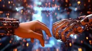 AI Machine learning Hands of robot and human touching on big data network photo