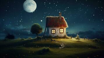 little house with full moon super moon Generative AI photo