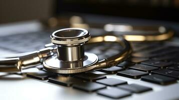 Stethoscope on laptop keyboard, medical and healthcare concept, shallow depth of field photo