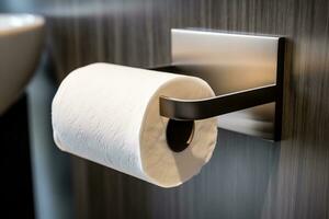 A close - up of a minimalist toilet paper holder, featuring a sleek metal design Generative AI photo