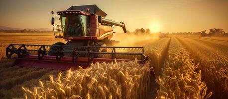Tractor spraying soybean field in sunset photo