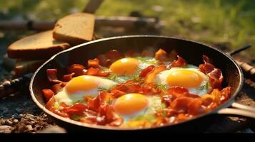 Camping breakfast with bacon and eggs in a cast iron skille photo