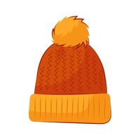 Vector illustration of a warm autumn hat on a white background. Warm knitted hat with bubo in flat style.