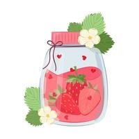 A jar of strawberry jam tied with a rope with strawberry leaves and flowers. Jar with strawberries illustration. vector