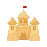 Sand castle with towers and red flags. Vacation on the beach. Summer composition. vector