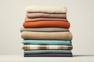 A stack of blankets. A stack of sweaters. Comfort, autumn photo