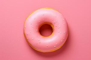 Pink donut with icing top view. Generative AI photo