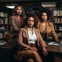 Three woman plus size sitting in office at desk with a laptop. AI Generative photo