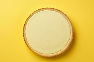 Cheesecake top view on yellow background. Generative AI photo