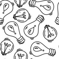 Doodle light bulb seamless pattern. Hand drawn lamp background. Vector idea texture