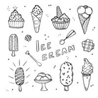 Doodle ice cream set. Different types of hand drawn ice cream. waffle cone, in a bowl, popsicle, sundae. Best using for cafe, menu, design, birthday vector