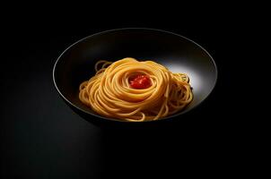 espaguetis con tomate salsa en un negro lámina. generativo ai foto