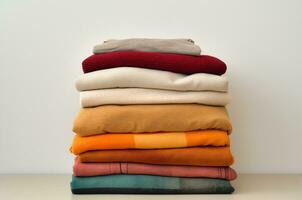 A stack of autumn clothes. Stack of blankets. Generative AI photo