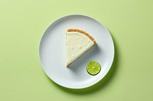 Lime cheesecake with a slice of lime on green background. Generative AI photo