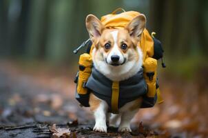 Corgi dog with a backpack in the forest. Corgi went on a hike. Generative AI photo