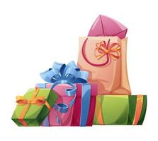 Pile of birthday gift boxes. Gifts tied with shiny ribbons and bonnets. Illustration for holiday, congratulations. Decor for greeting cards, stickers, etc. vector