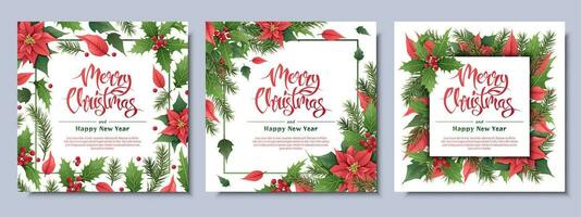 Set of Christmas greeting card, with winter plants, poinsettia, holly berry, spruce, traditional symbol.Vignette, frame, on a white background for greeting card, invitation, banner, flyer. vector