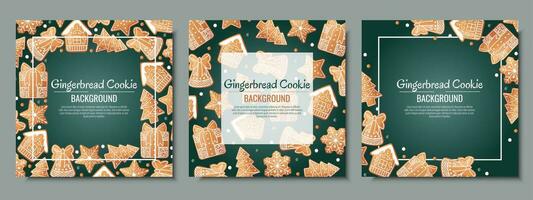 Set of Christmas background with gingerbread house, gift, snowflake, fir tree. Greeting card with cookies in glaze. Flyer, banner poster for invitation vector