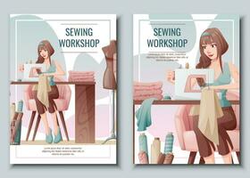 Set of Flyer design with seamstress. Banner poster with a girl creating clothes on a sewing machine. Work in a sewing workshop, atelier, tailoring courses. vector