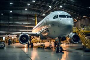 Airplane maintenance in hangar. Generative AI photo