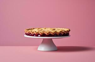 Blueberry pie on a stand with pink background. Barbicore. Generative AI photo