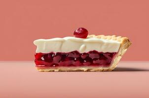 Side view of cherry pie on pink background. Generative AI photo