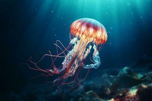 Jellyfish glows with neon light and swims underwater under sunlight. Generative AI photo