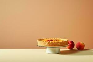 Peach pie on a stand. Generative AI photo