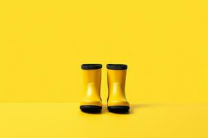 Yellow rubber boots on a yellow background. Generative AI photo