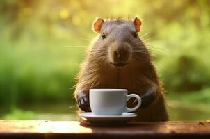 Capybara drinks coffee in nature. Generative AI photo