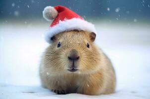 carpincho vistiendo un Papa Noel sombrero en el nieve. generativo ai foto