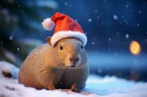 Capybara wearing a santa hat in the snow at night. Generative AI photo