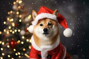 Shiba Inu in Santa's Christmas costume against the background of a Christmas tree and snow. Generative AI photo
