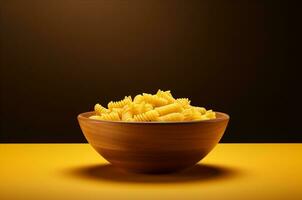 Fusilli pasta in a wooden plate. Generative AI photo