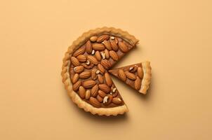 Almond pie top view on beige background. Generative AI photo