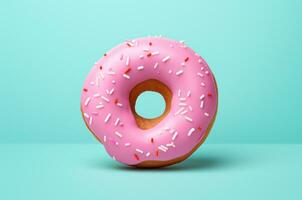 Side view of a pink donut with icing on a mint background. Barbicore. Generative AI photo