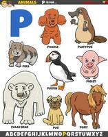 cartoon animal characters for letter P educational set vector