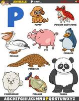 cartoon animal characters for letter P educational set vector