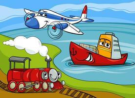 cartoon airplane and ship and steam engine characters group vector