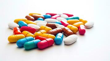 Multicolored pills on a white background. AI Generative photo