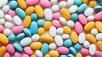 Multicolored pills on a white background. AI Generative photo