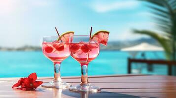 Two red cocktails with a summer background. AI Generative photo