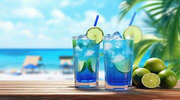 Two blue cocktails with a summer background. AI Generative photo