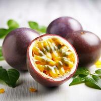 Passion fruit on a light background. AI Generative photo